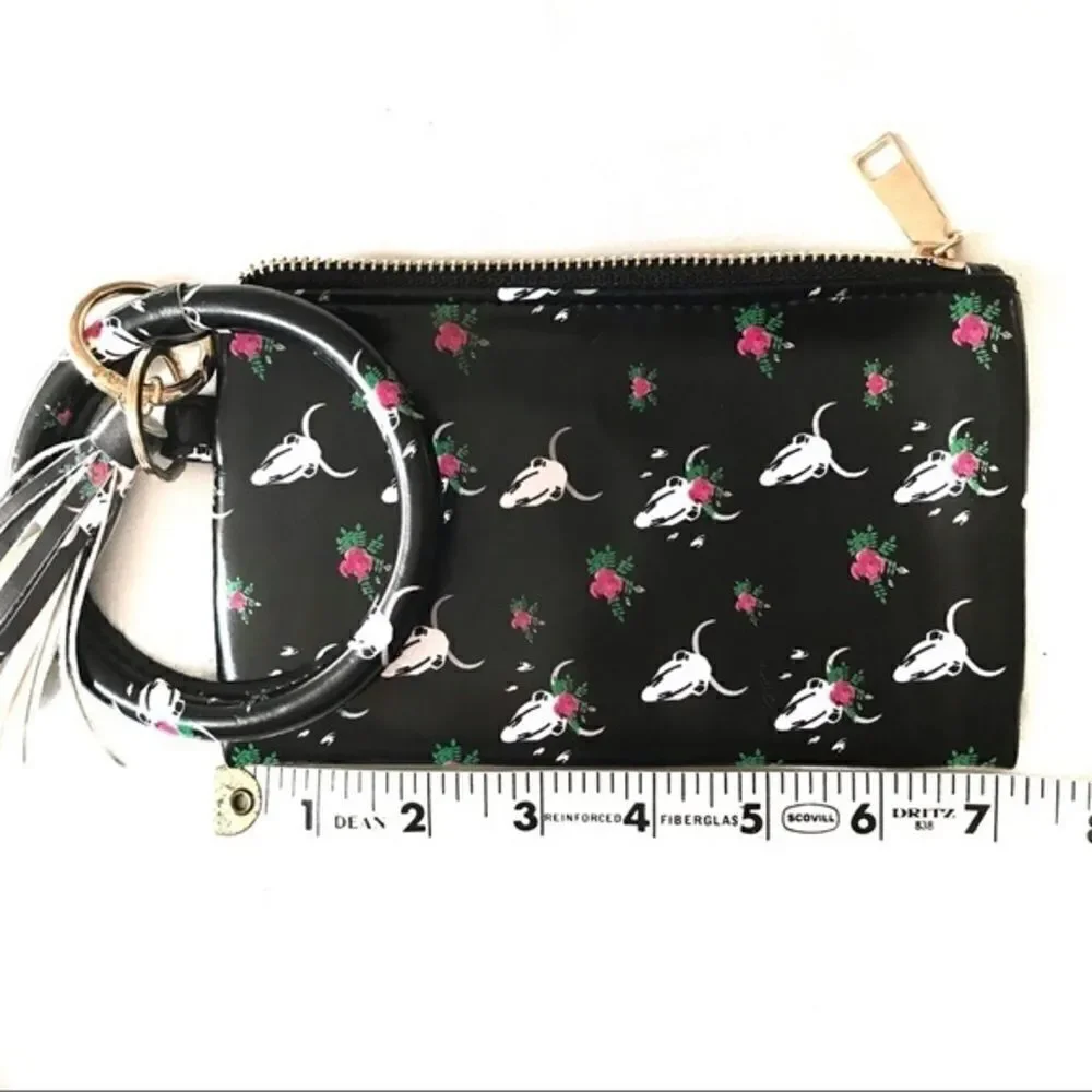 Western Skull Floral Print Wristlet Clutch